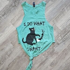 EUC Green-Aqua Cat Graphic High-Lo Tank Top